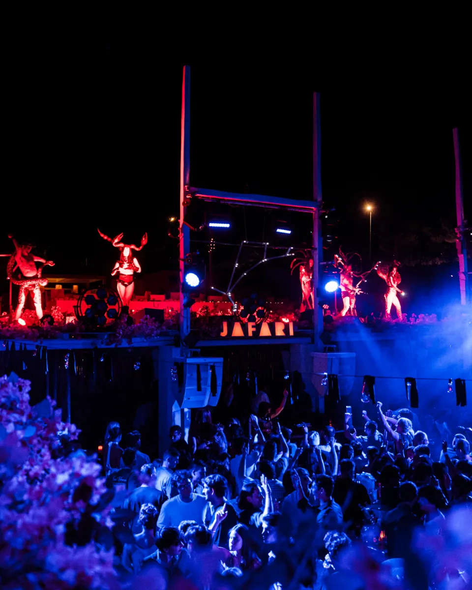 Crowd dancing under theatrical lights at an Island nightlife performance