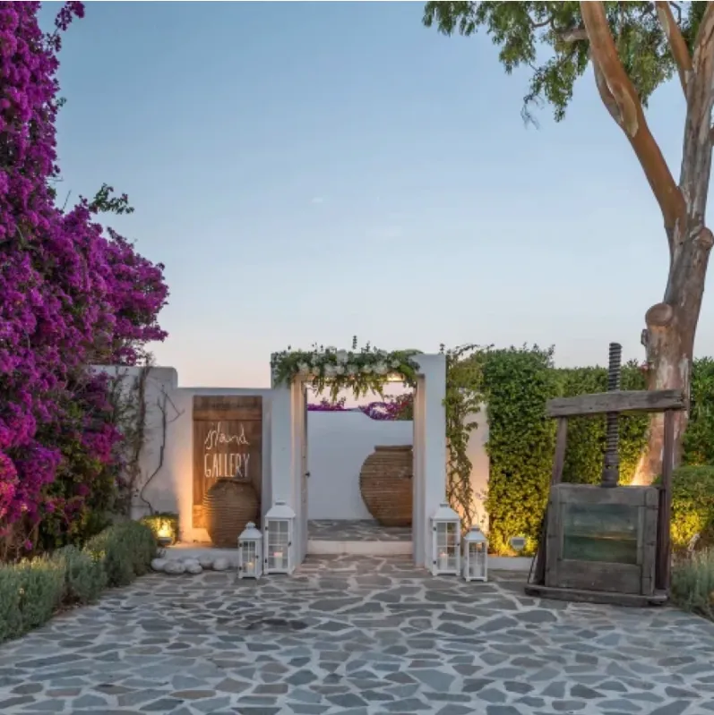 Bougainvillea-framed entrance to the Gallery