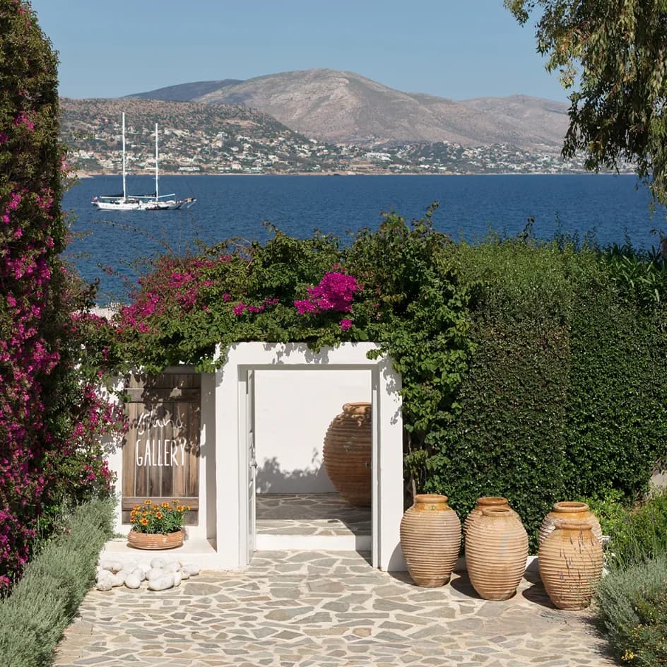Bougainvillea-framed entrance to Gallery