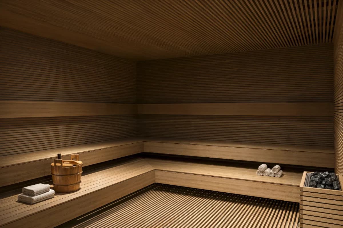 Timber sauna at The Cabanas wellness area